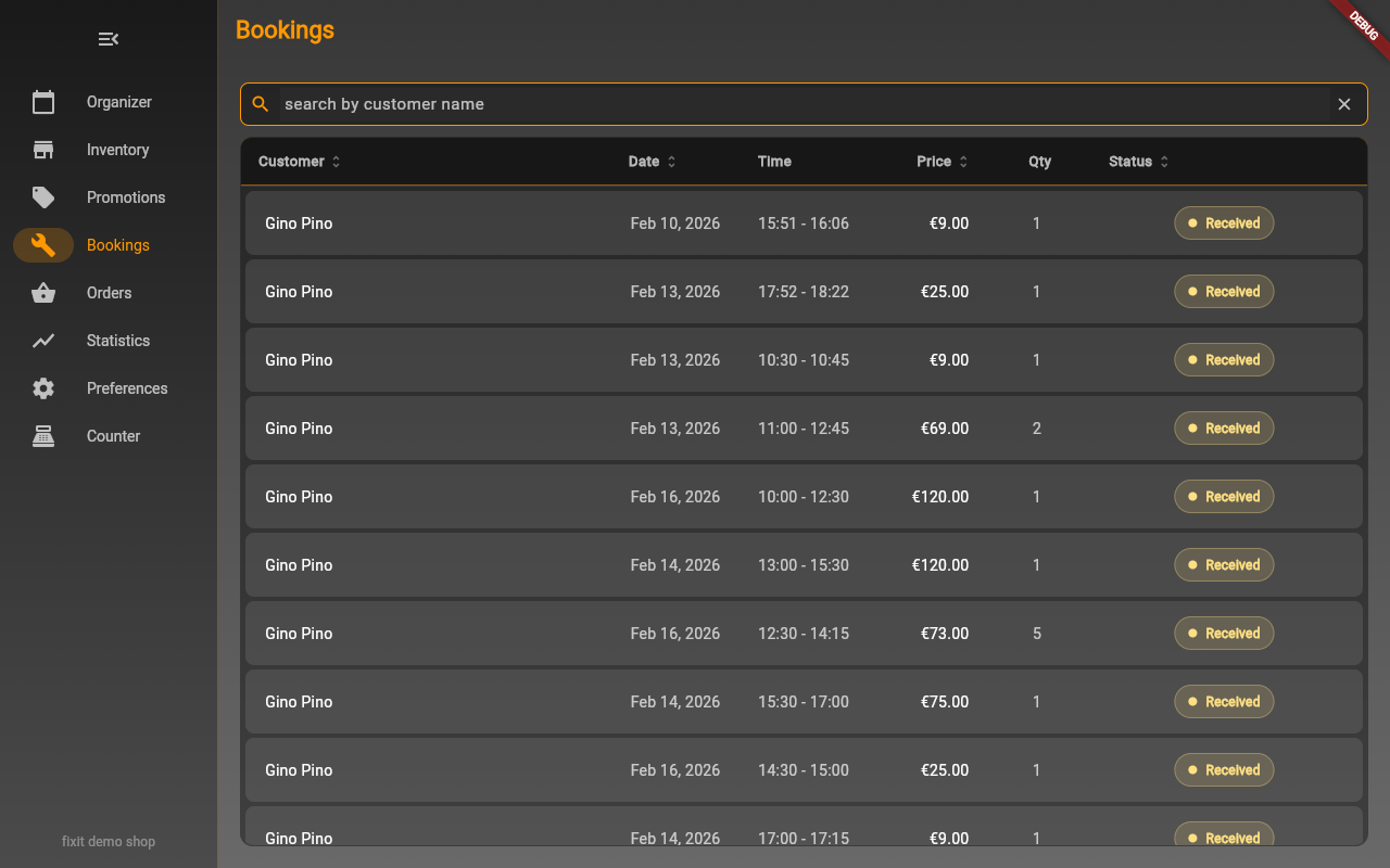 Bookings management screen