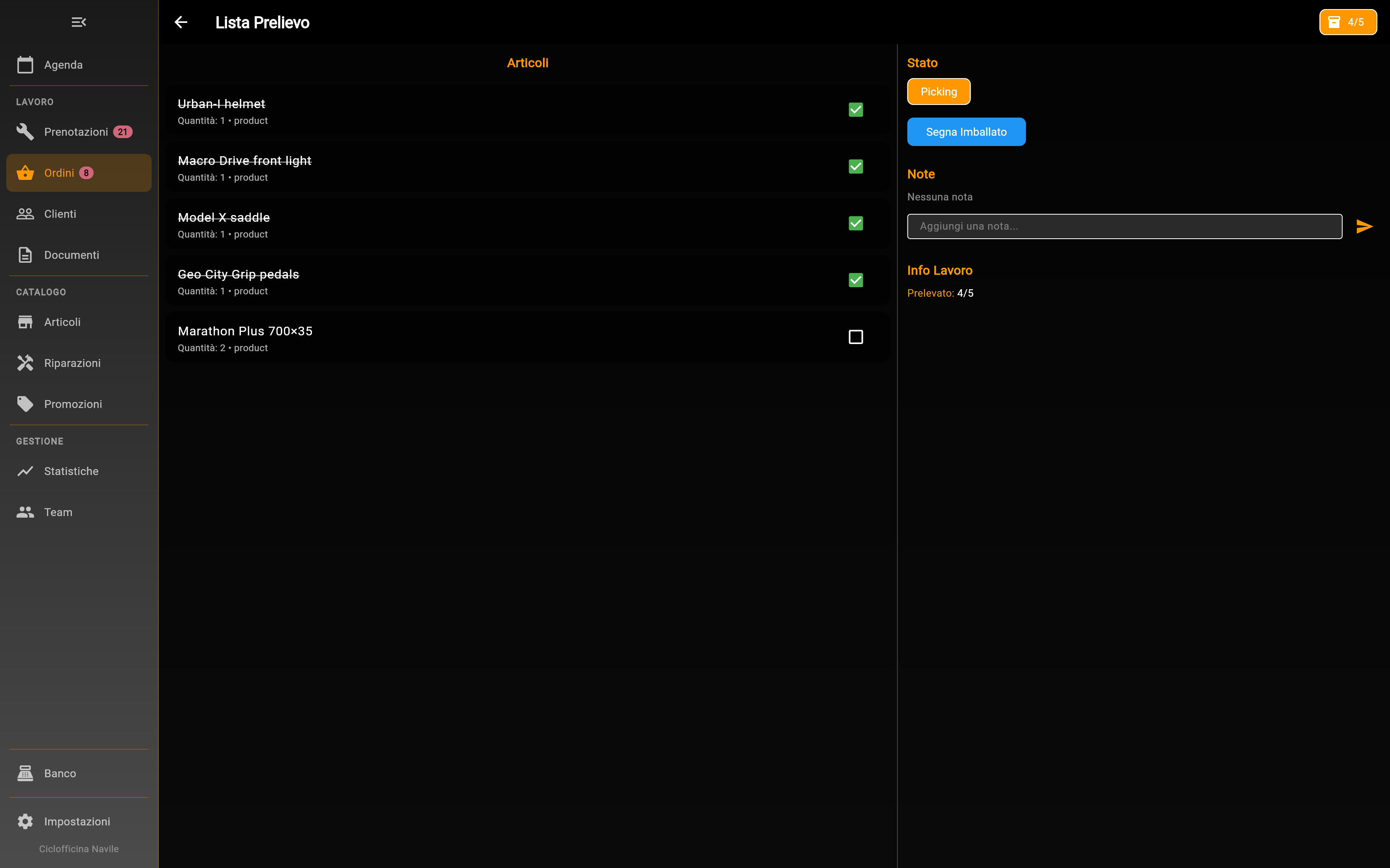Order picking list with items ticked off